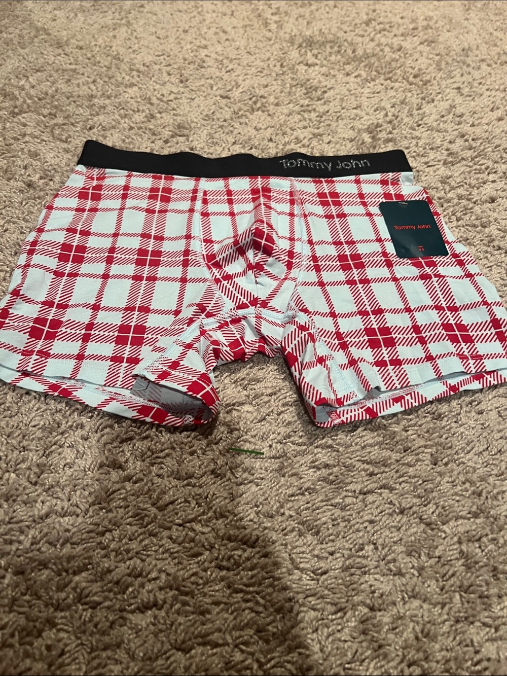 Tommy John Red and White Plaid Boxer Briefs with Black Waistband NWT!